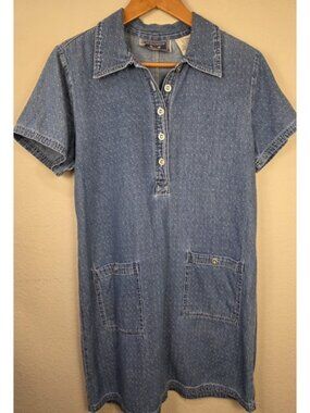 Vintage ERIKA CASUALS‎ Blue Denim White Polka Dot Straight Knee Length Dress M